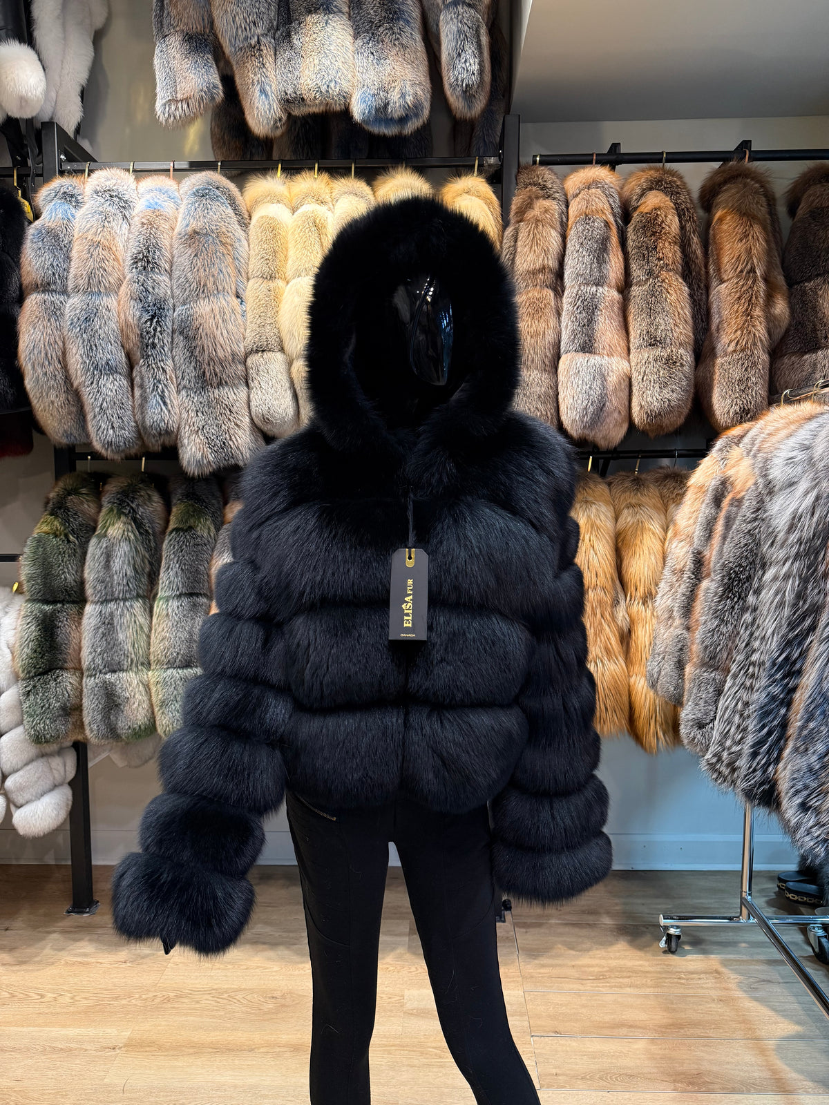 Black Fox Fur Hooded Jacket – Detachable Sleeves & Hood – 100% Genuine Fox Fur