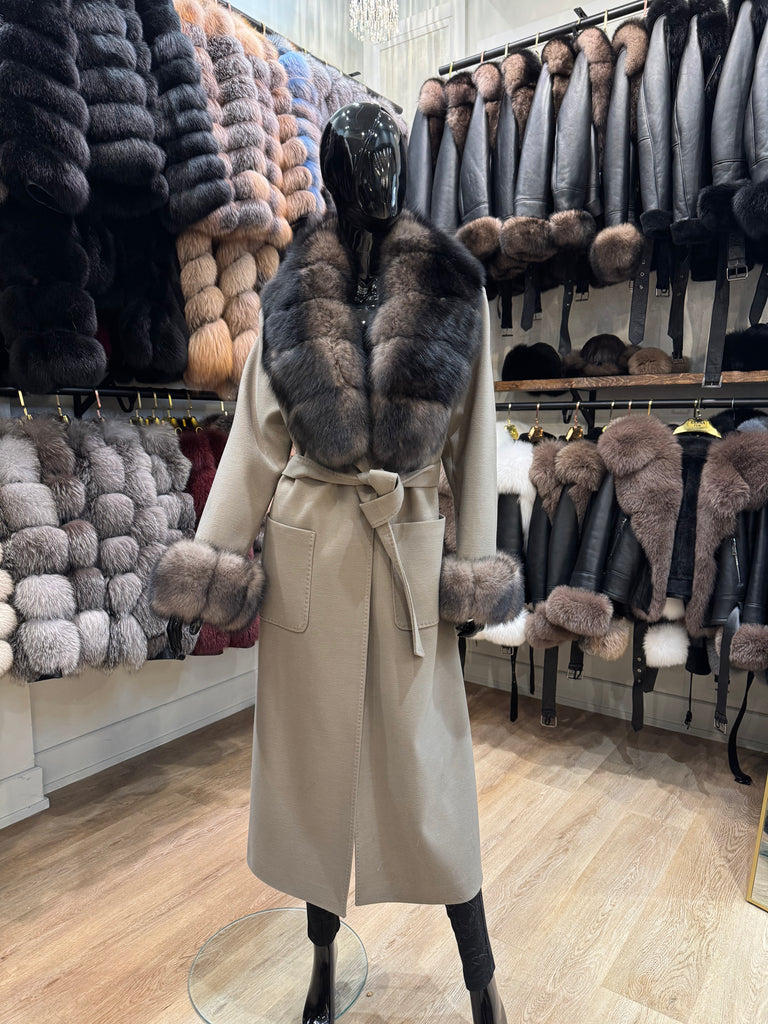 Sable Fox Fur Collar Cashmere Coat – Luxury Women’s Winter Jacket