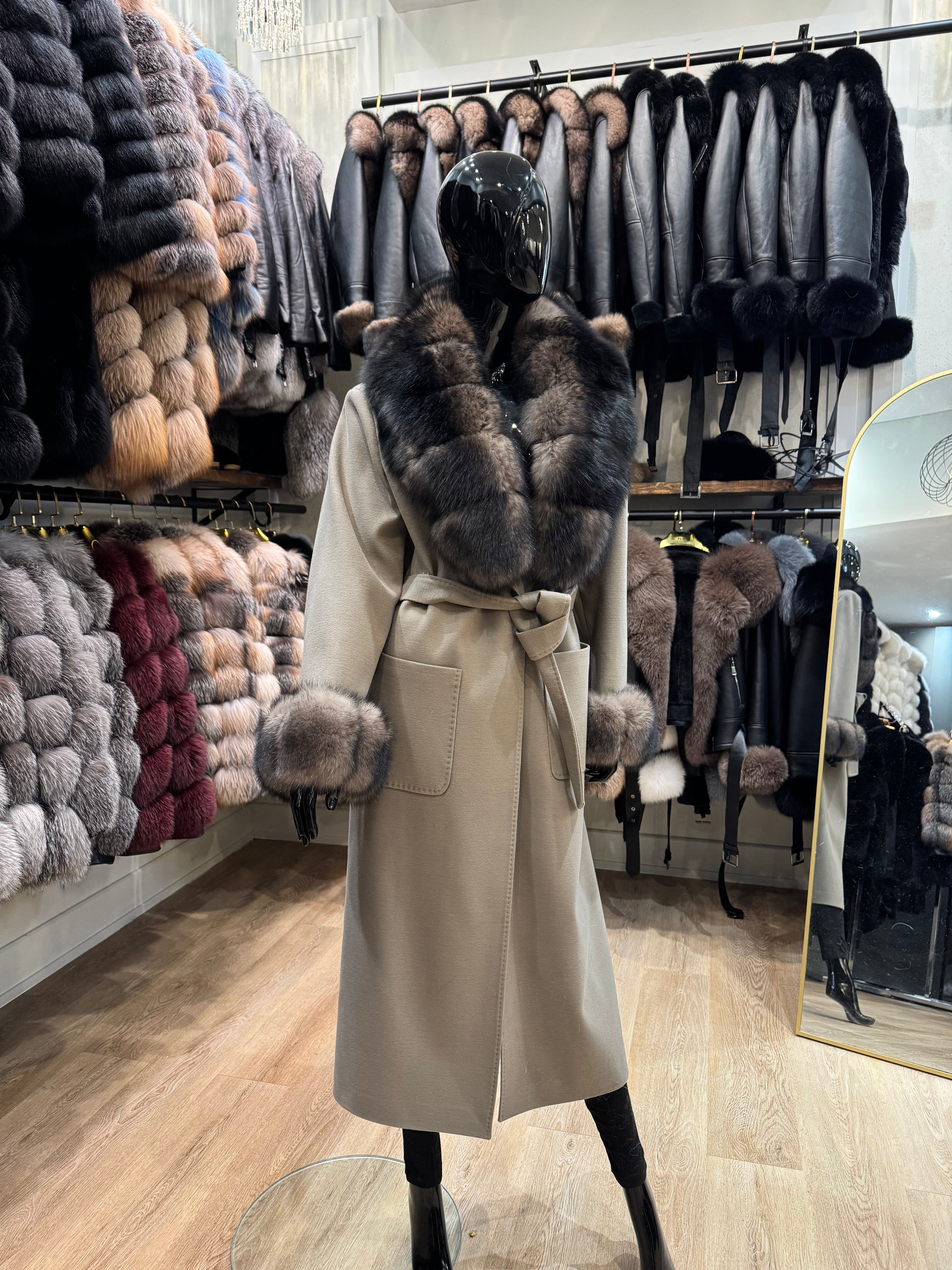Sable Fox Fur Collar Cashmere Coat – Luxury Women’s Winter Jacket