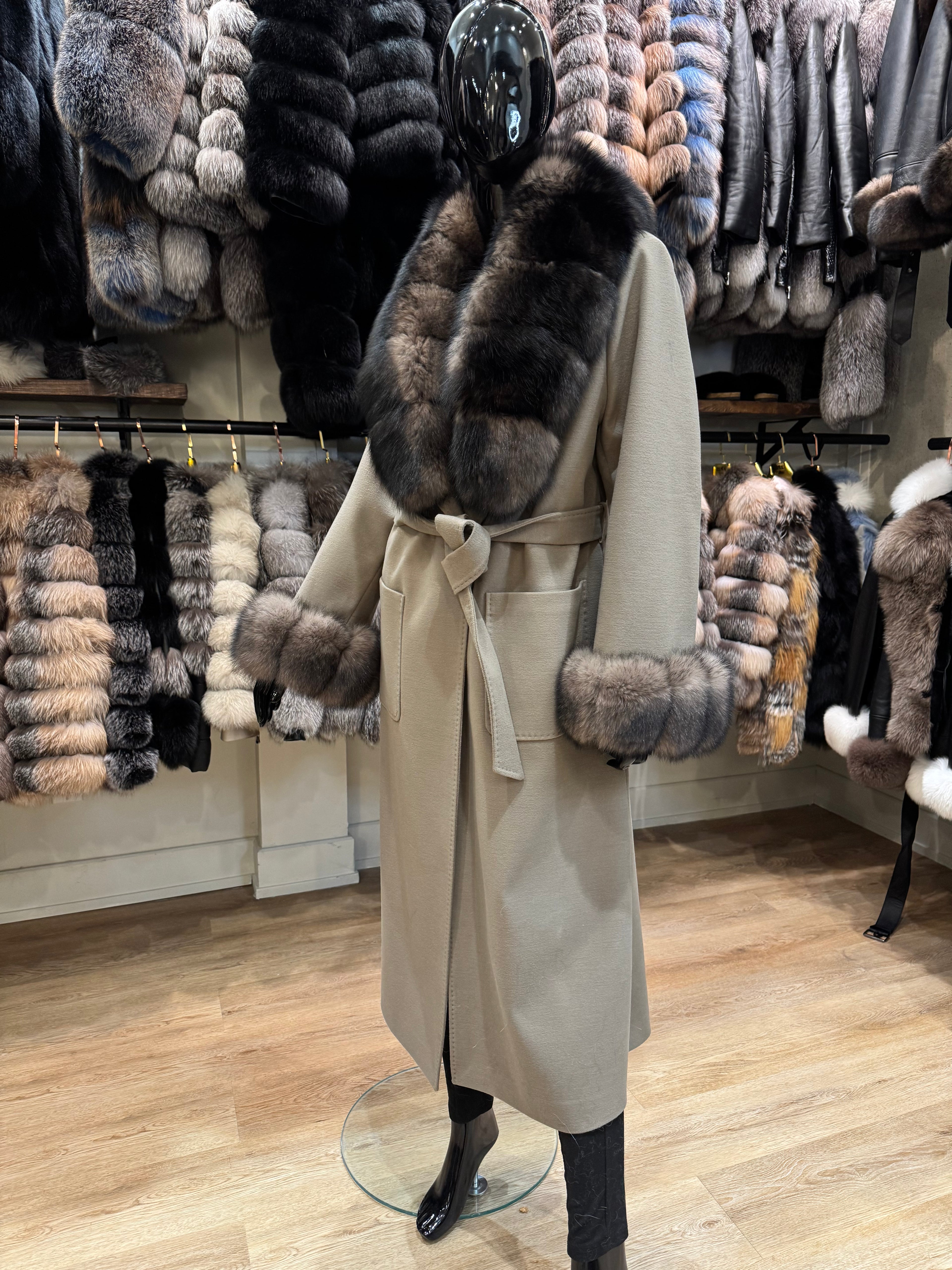 Sable Fox Fur Collar Cashmere Coat – Luxury Women’s Winter Jacket
