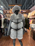 Long Silver Fox Fur Coat with Detachable Leather Sleeves – Convertible Luxury Designer Vest