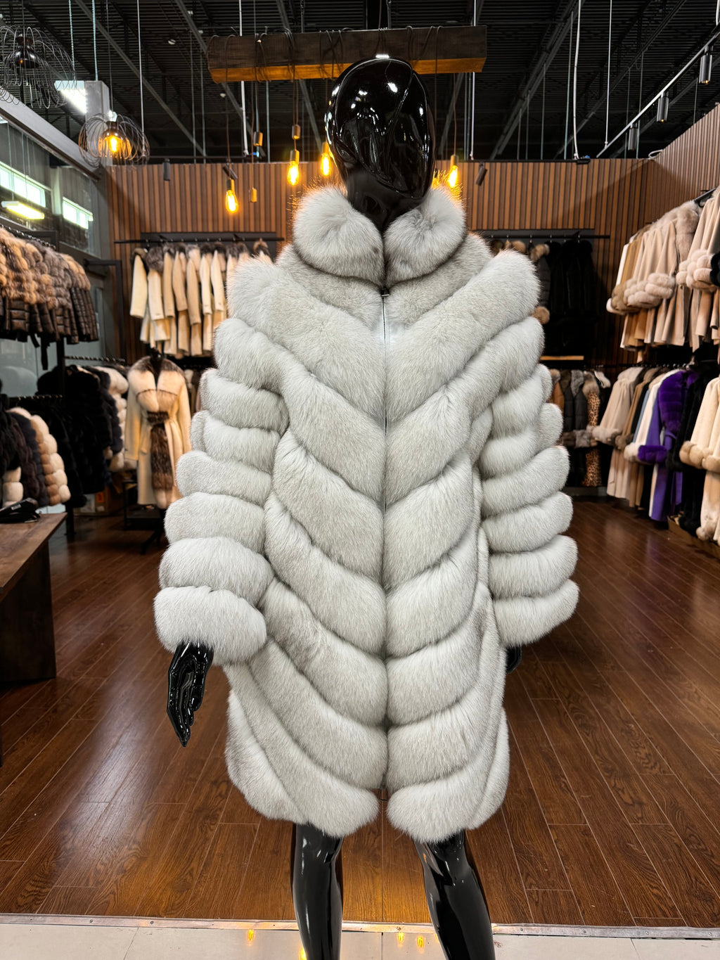 100% Fox Fur Luxury Winter Coat with Genuine Leather Trim