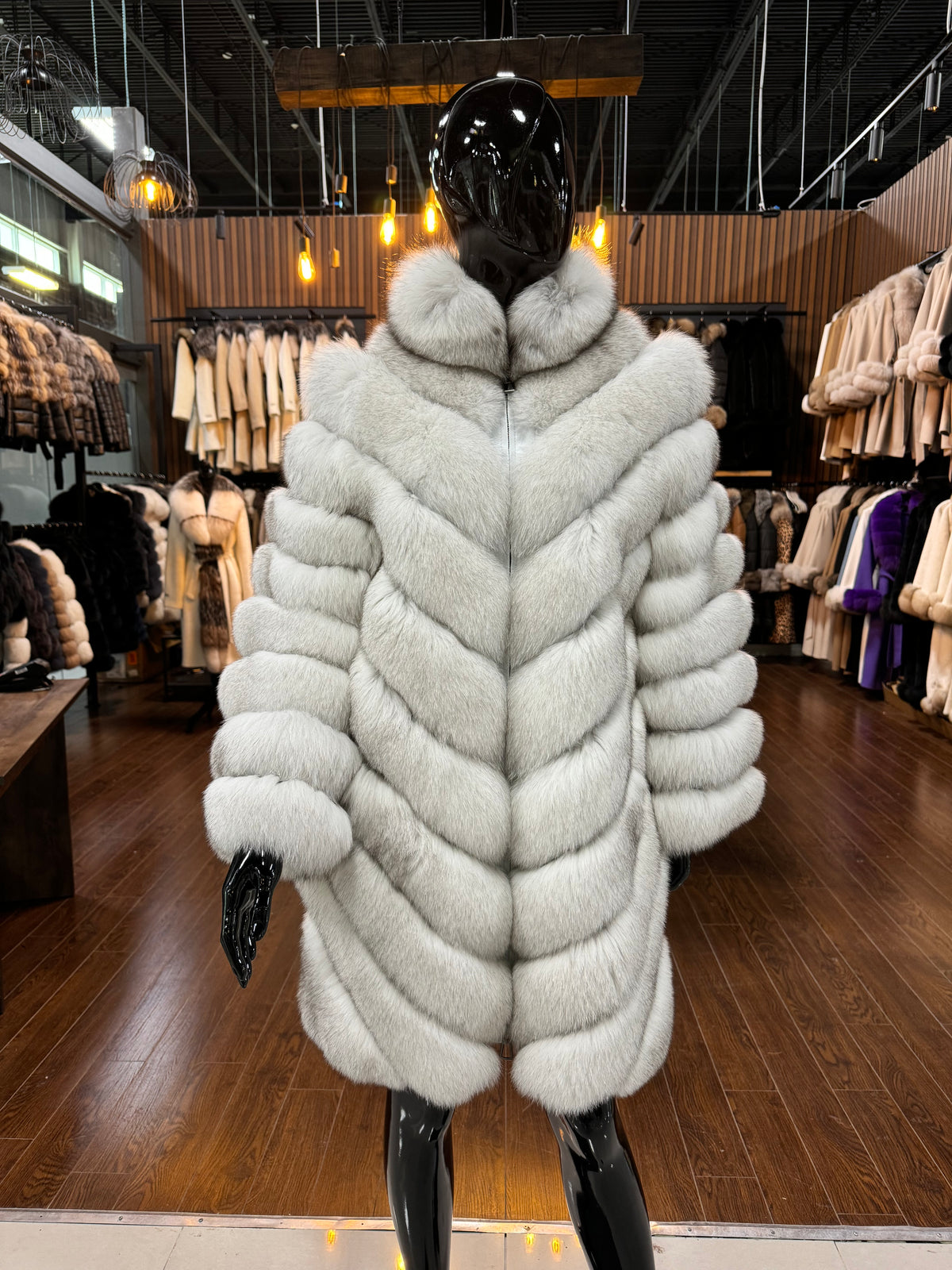 100% Fox Fur Luxury Winter Coat with Genuine Leather Trim