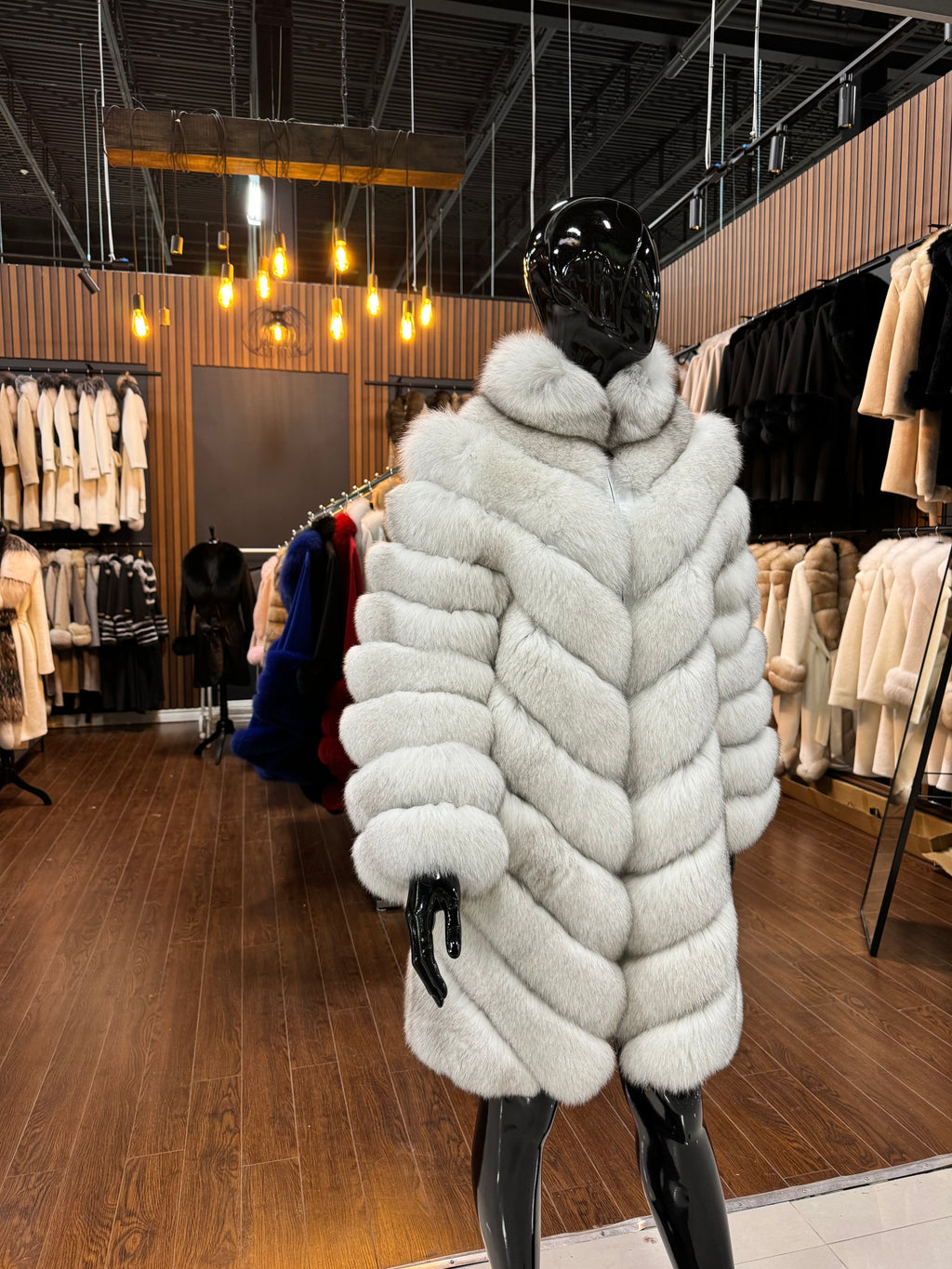 100% Fox Fur Luxury Winter Coat with Genuine Leather Trim