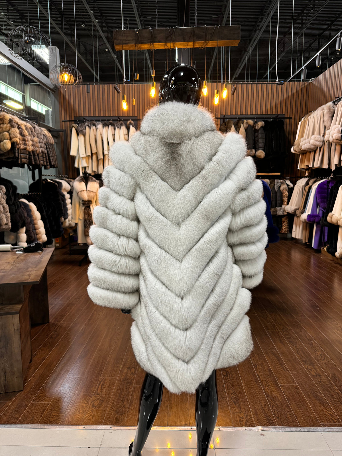100% Fox Fur Luxury Winter Coat with Genuine Leather Trim