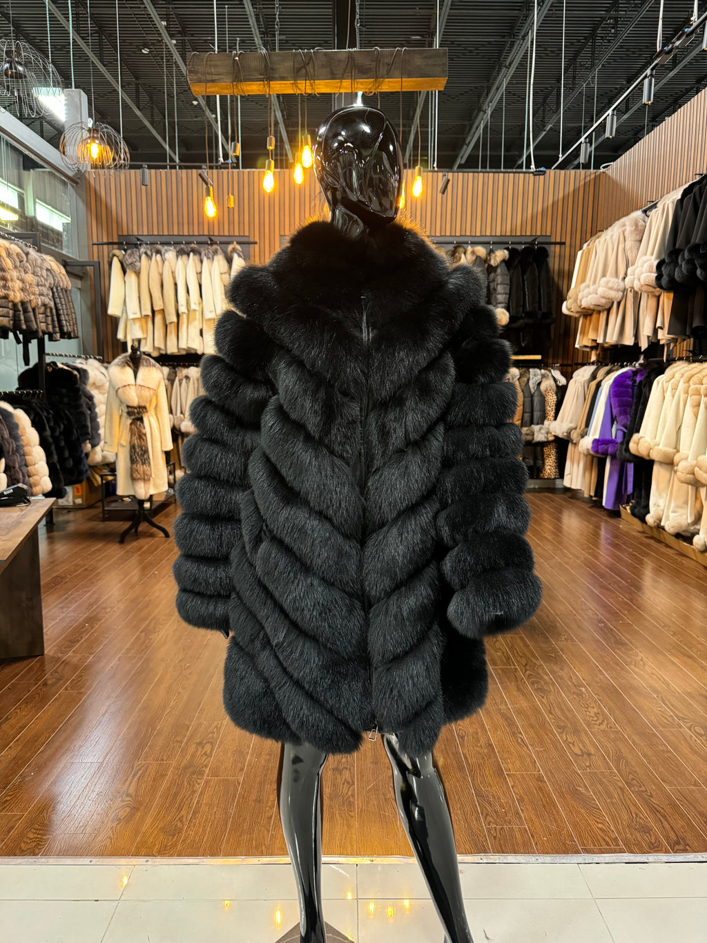 Black Long Fox Fur Coat for Women – Luxury Warm Winter Jacket