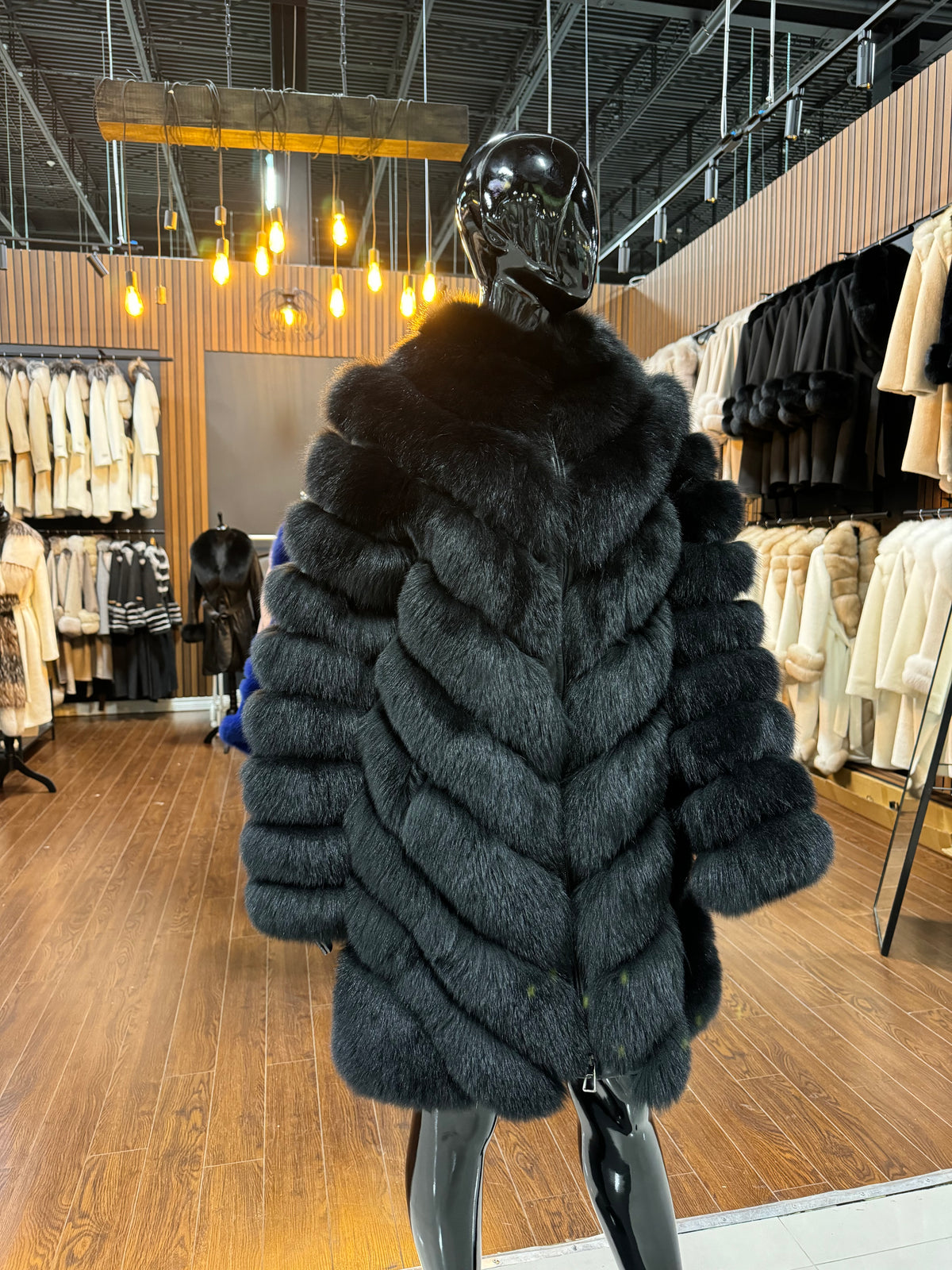 Black Long Fox Fur Coat for Women – Luxury Warm Winter Jacket