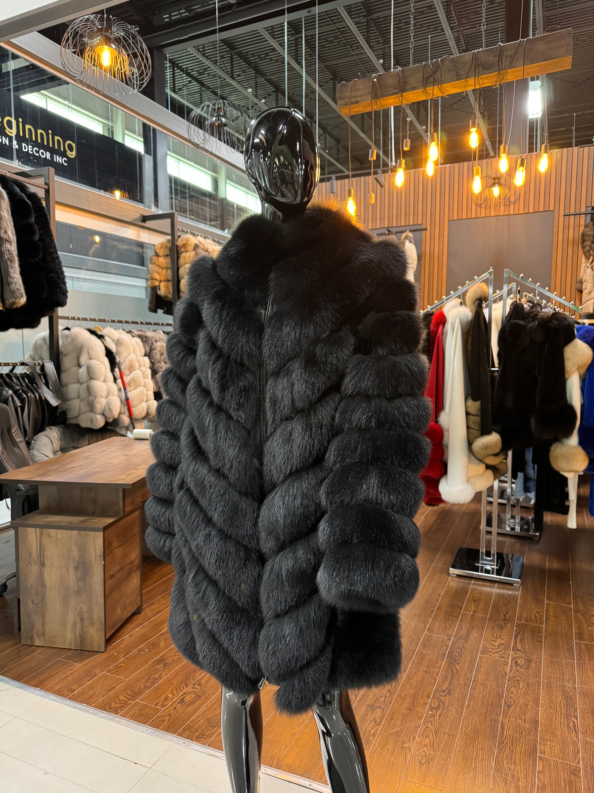 Black Long Fox Fur Coat for Women – Luxury Warm Winter Jacket