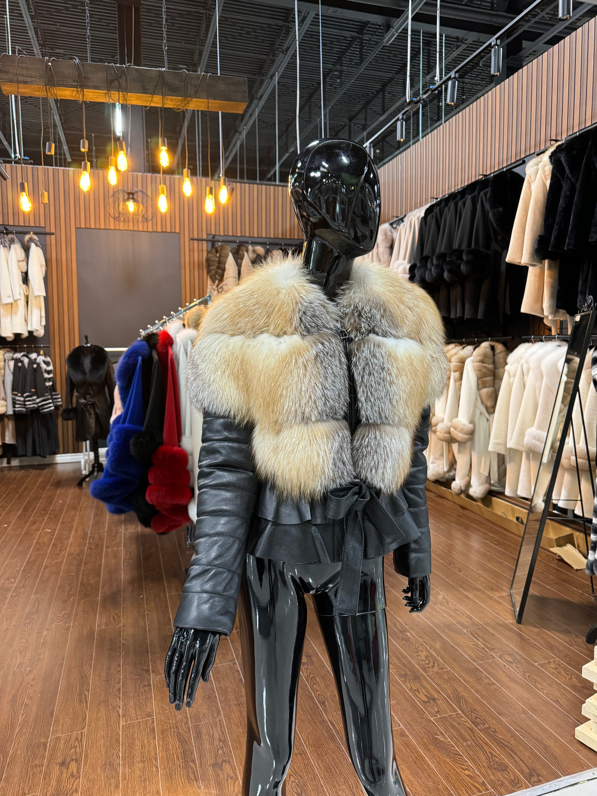 Natural Gold Real Fox Fur & Genuine Leather Coat – Luxury Designer Outerwear