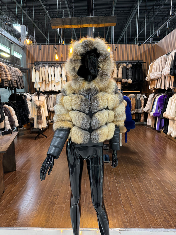 Natural Gold Real Fox Fur & Genuine Leather Coat with Hood – Luxury Designer Outerwear