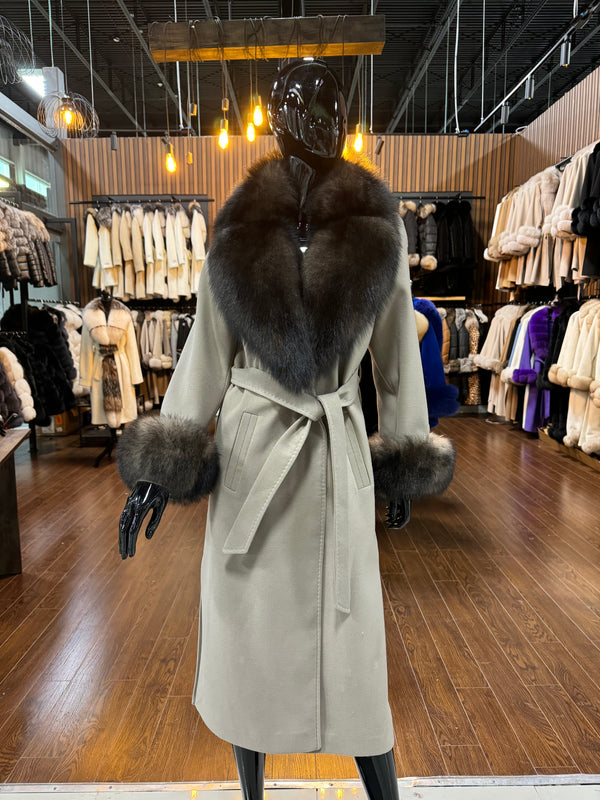 Sable Fox Fur Collar Cashmere Coat – Luxury Women’s Winter Jacket