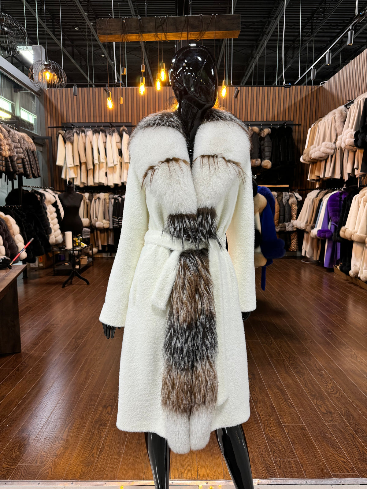 White Alcantara & Fox Fur Coat for Women – Luxury Warm Winter Jacket