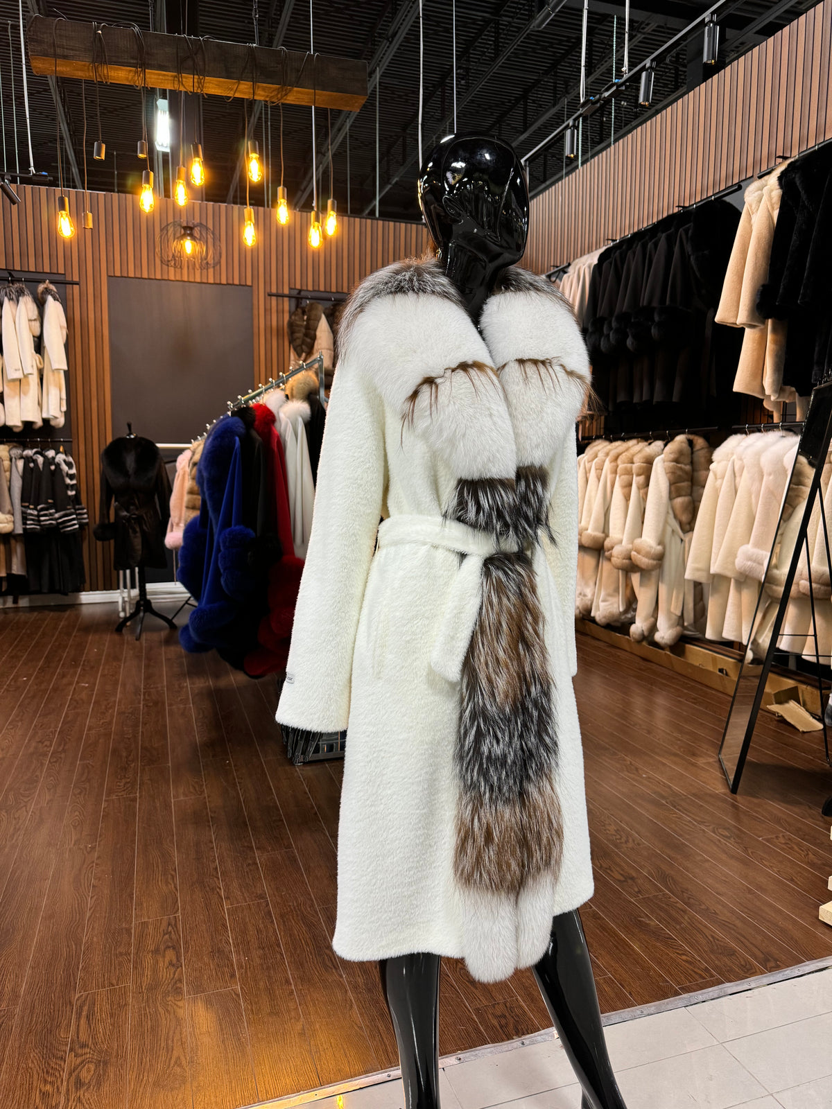 White Alcantara & Fox Fur Coat for Women – Luxury Warm Winter Jacket