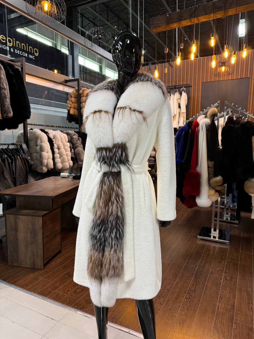 White Alcantara & Fox Fur Coat for Women – Luxury Warm Winter Jacket