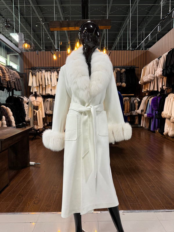 White Cashmere & Fox Fur Coat for Women – Luxury Winter Jacket