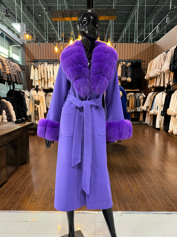 Purple Cashmere & Fox Fur Coat for Women – Luxury Winter Jacket