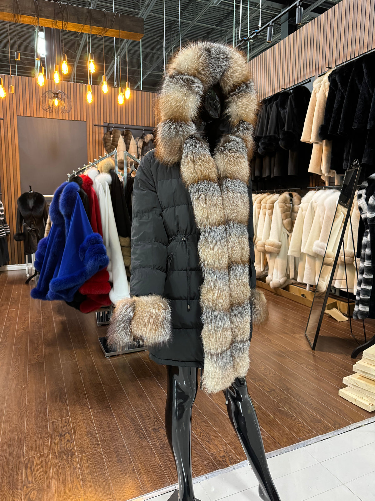 Black Hooded Puff Coat with Front Fox Fur – Luxury Winter Down Jacket