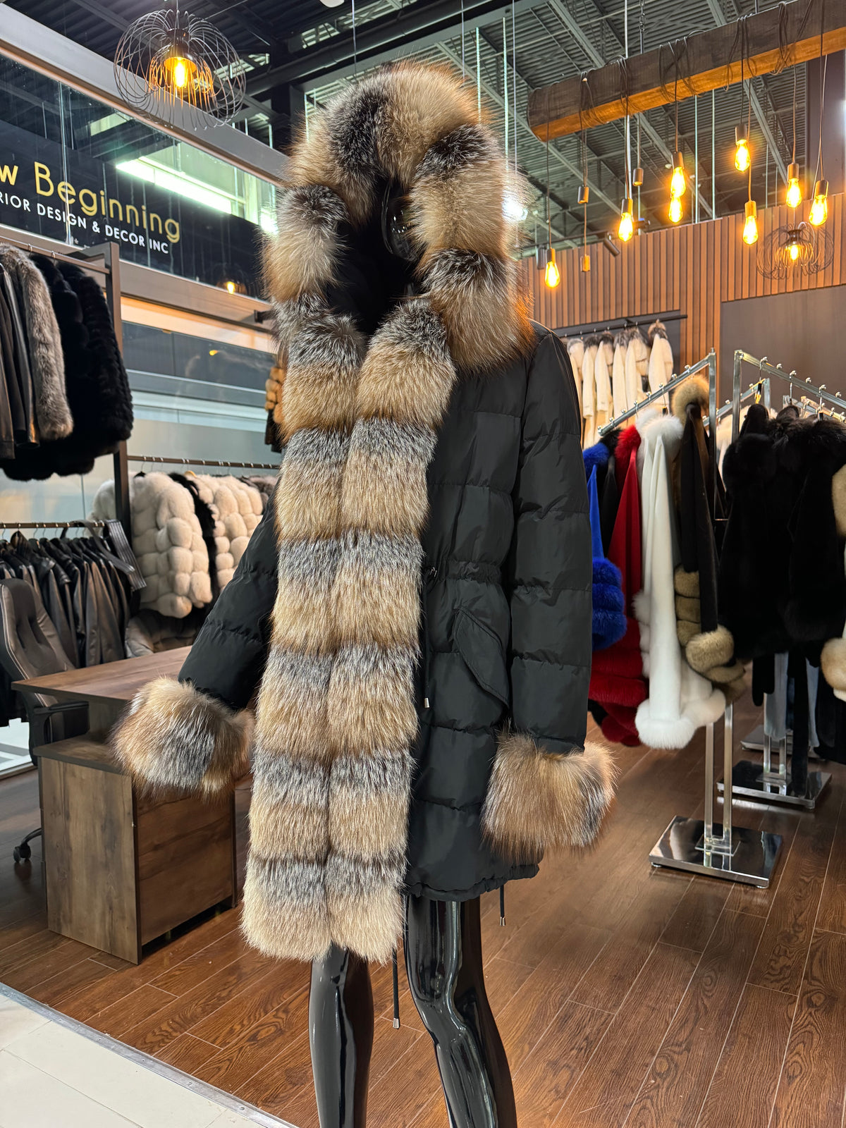 Black Hooded Puff Coat with Front Fox Fur – Luxury Winter Down Jacket