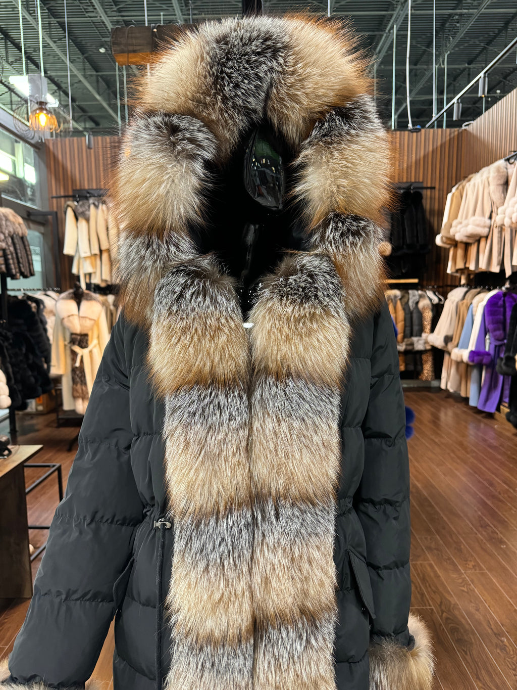 Black Hooded Puff Coat with Front Fox Fur – Luxury Winter Down Jacket