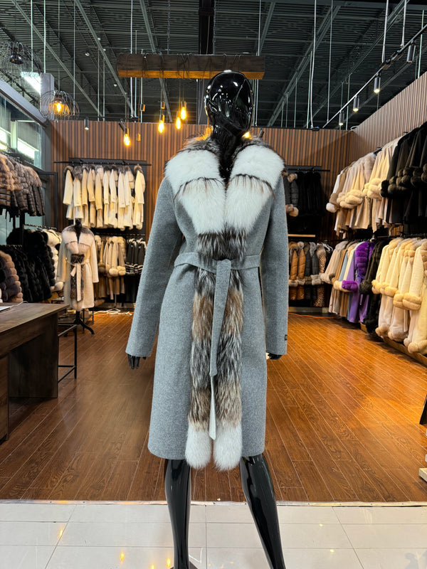 Gray Alpaca & Fox Fur Coat for Women – Luxury Warm Winter Jacket