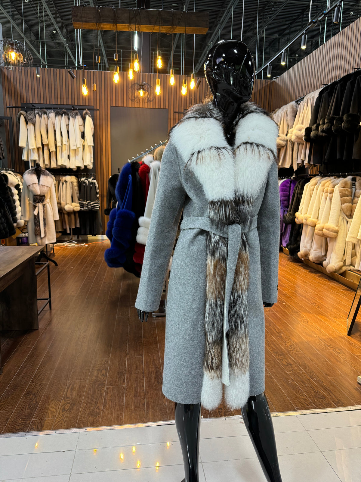 Gray Alpaca & Fox Fur Coat for Women – Luxury Warm Winter Jacket