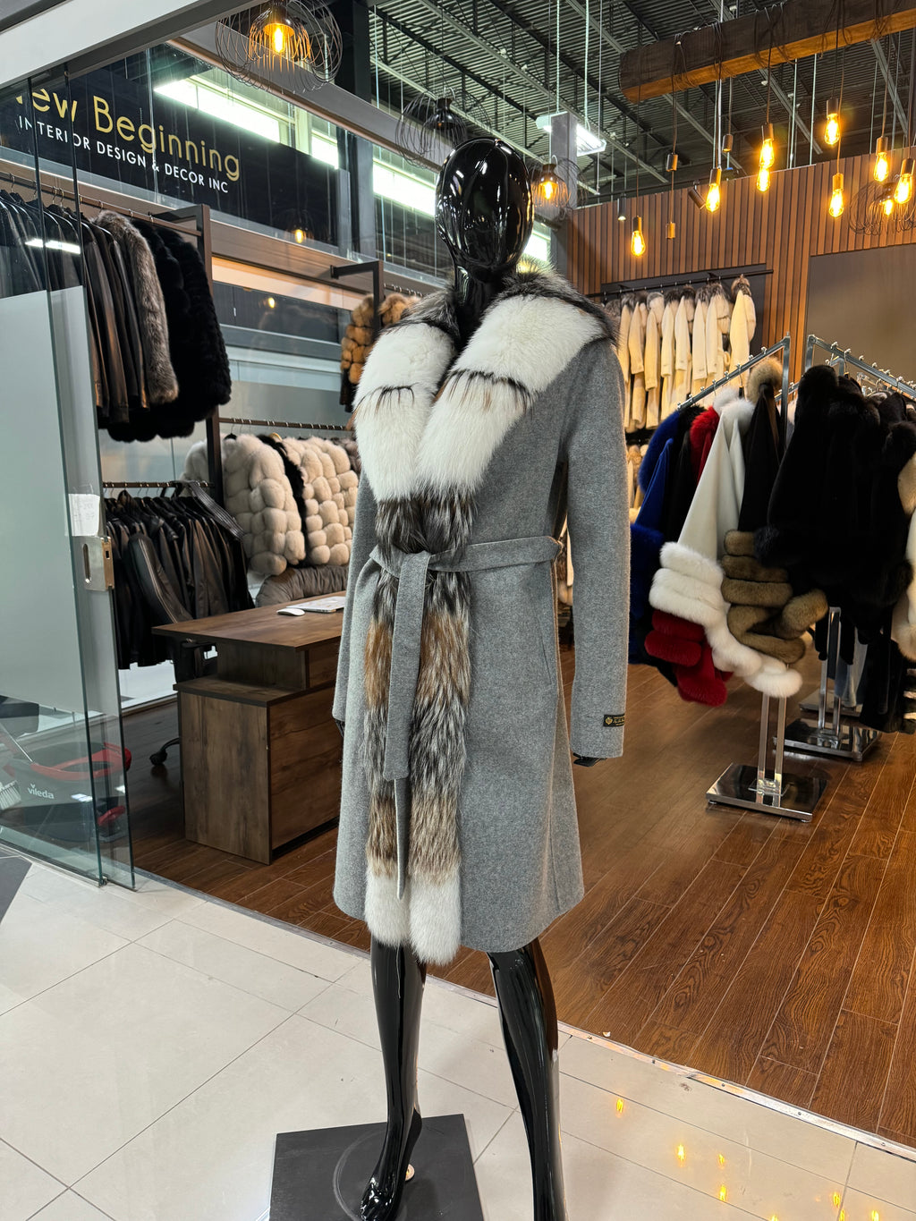 Gray Alpaca & Fox Fur Coat for Women – Luxury Warm Winter Jacket