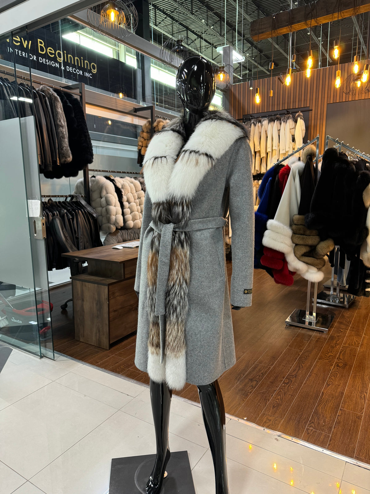 Gray Alpaca & Fox Fur Coat for Women – Luxury Warm Winter Jacket