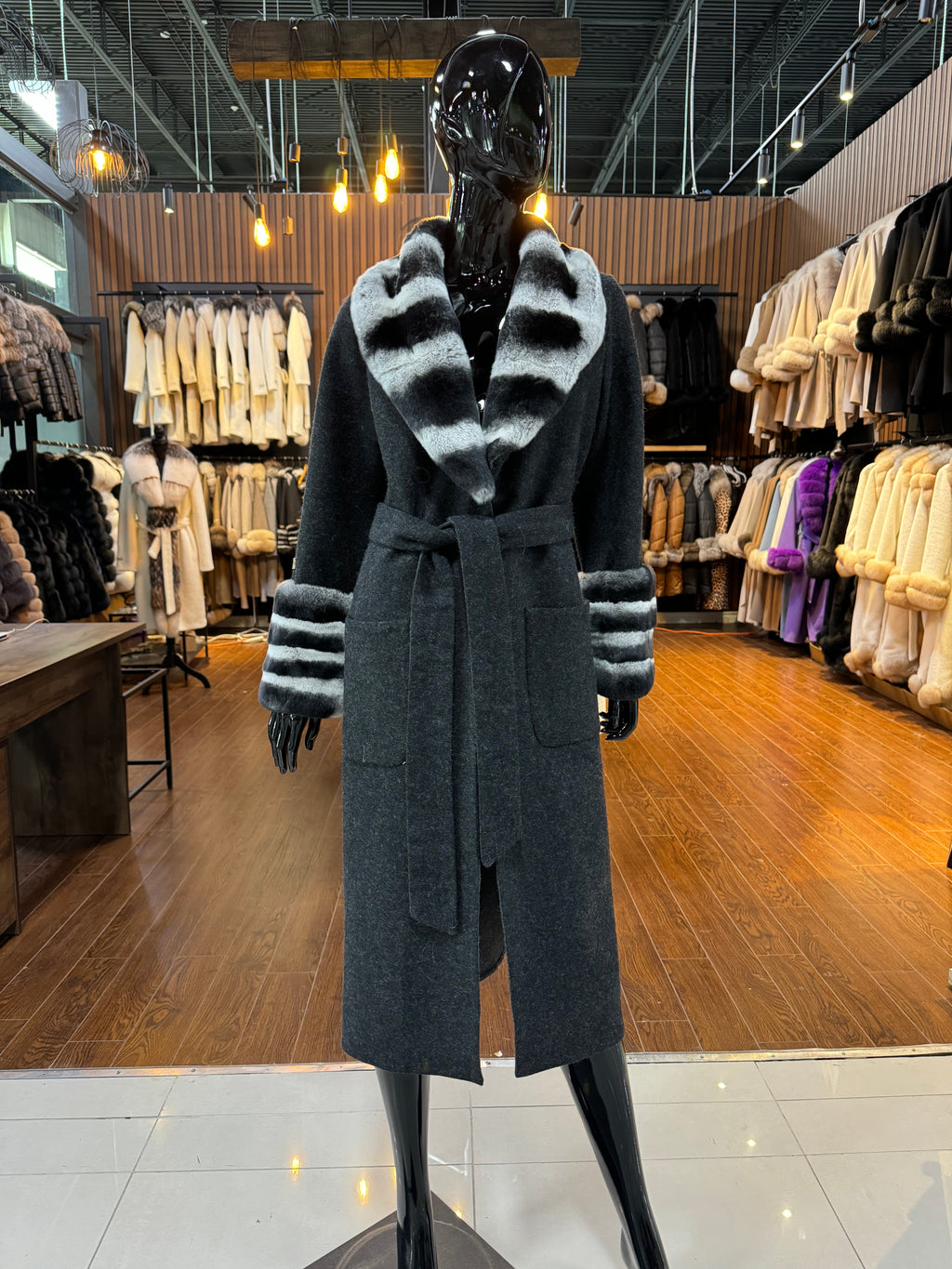 Black Real Alpaca Fabric and Real Rex Rabbit Fur Coat