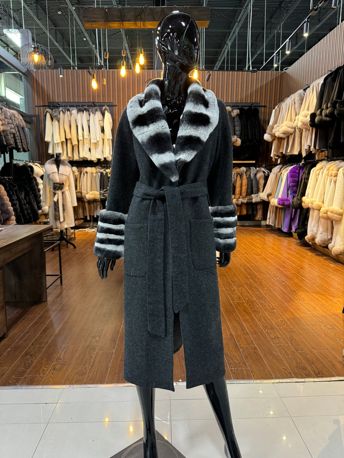 Black Real Alpaca Fabric and Real Rex Rabbit Fur Coat