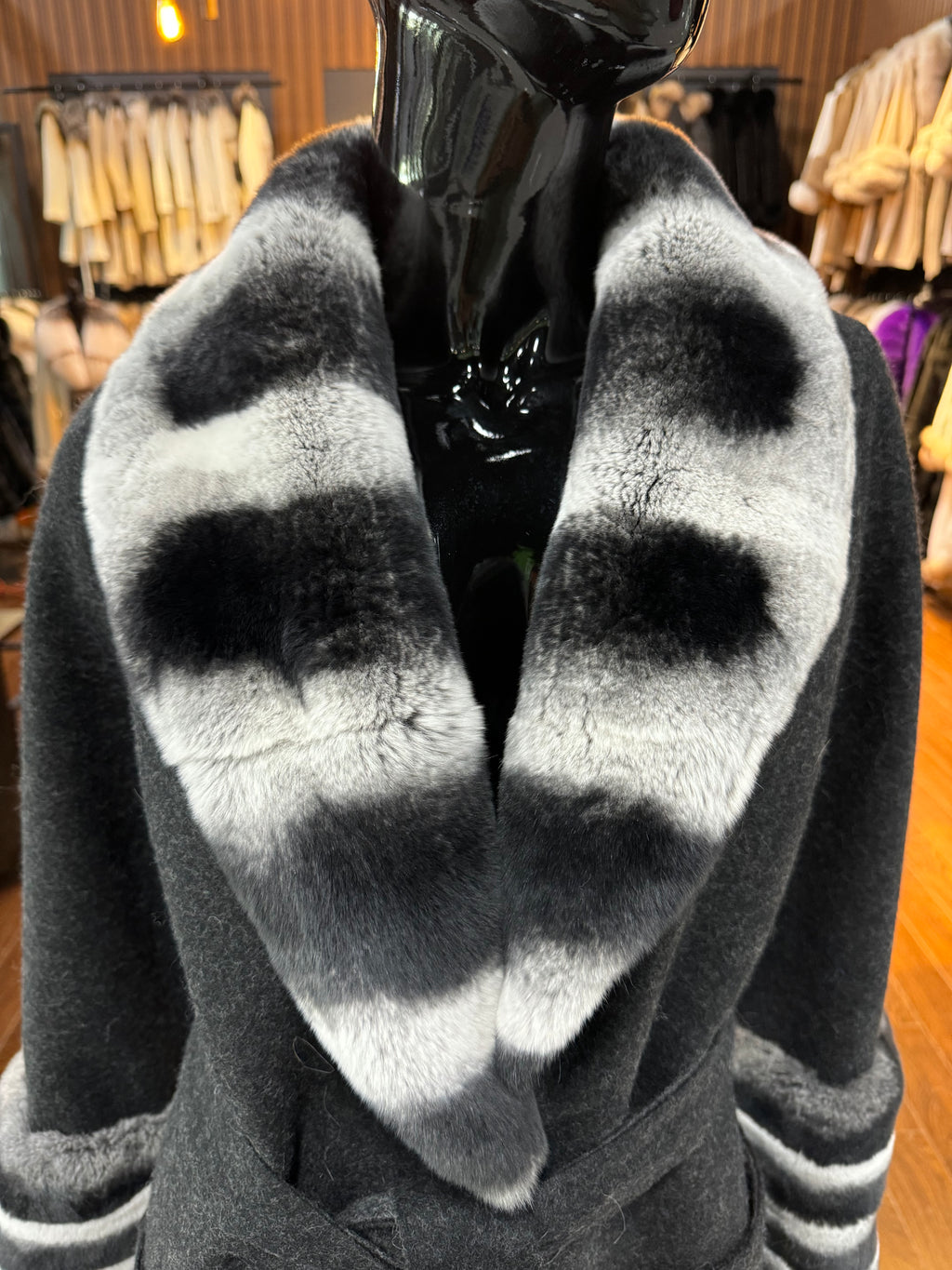 Black Real Alpaca Fabric and Real Rex Rabbit Fur Coat