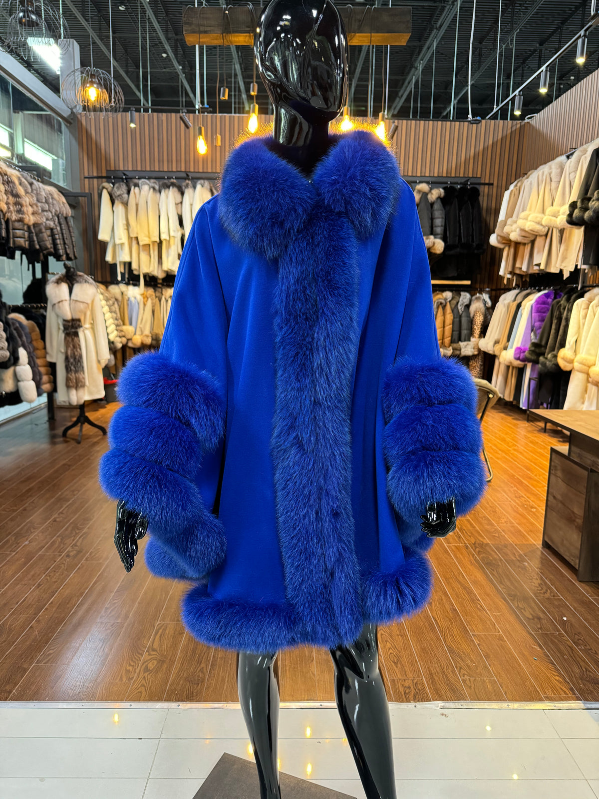 Blue Cashmere & Fox Fur Poncho – Luxury Women’s Winter Outerwear