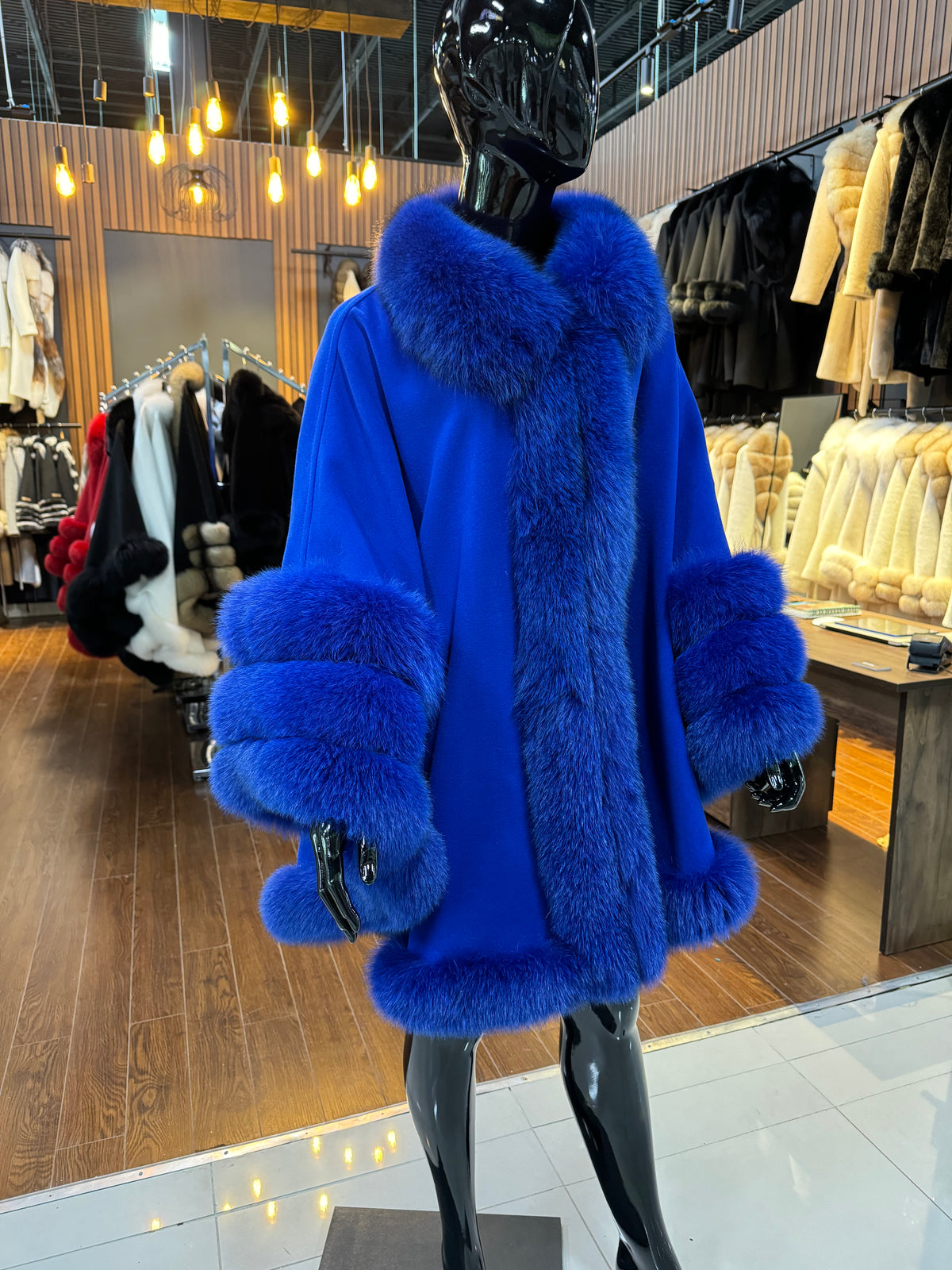 Blue Cashmere & Fox Fur Poncho – Luxury Women’s Winter Outerwear