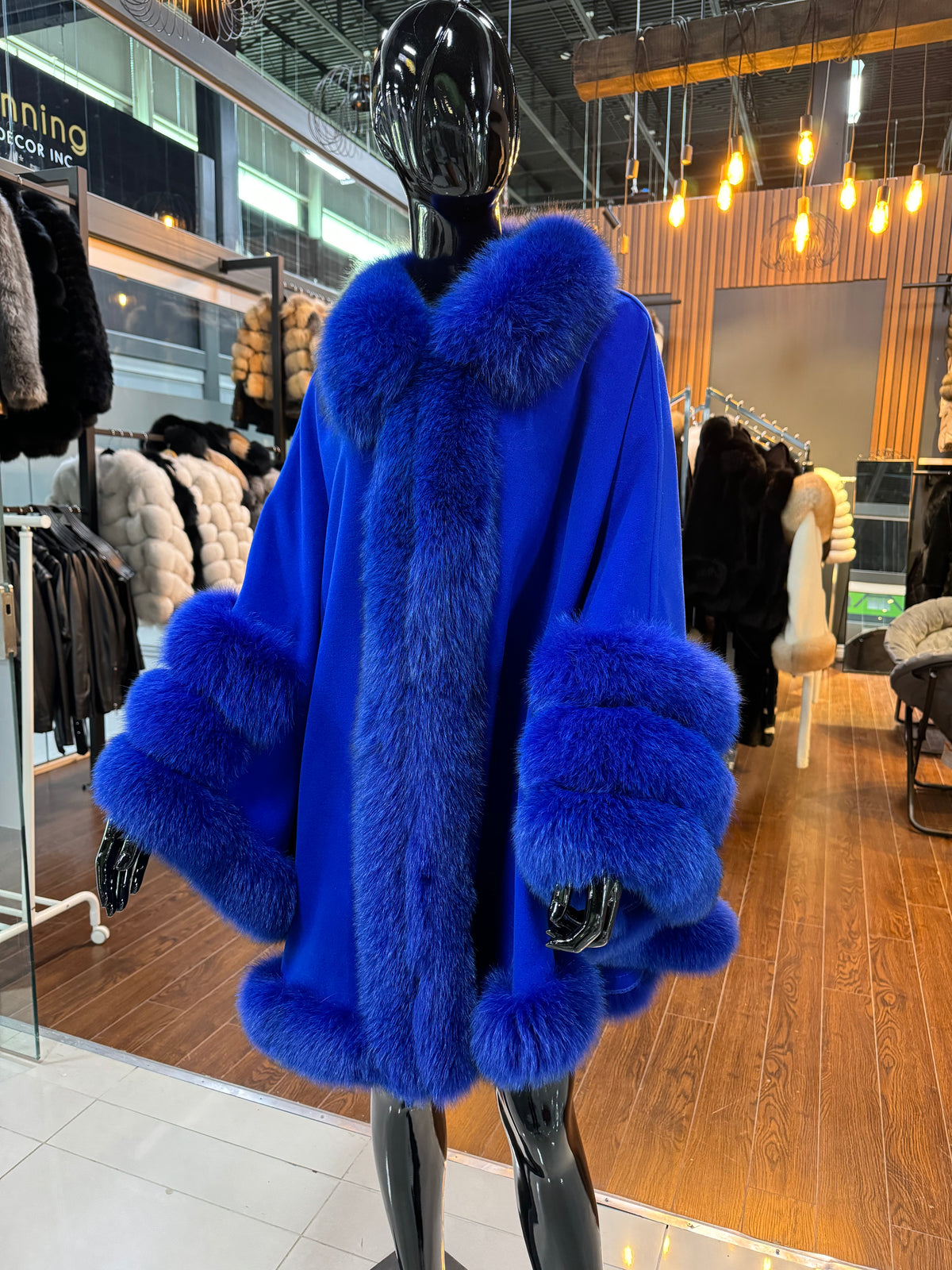 Blue Cashmere & Fox Fur Poncho – Luxury Women’s Winter Outerwear