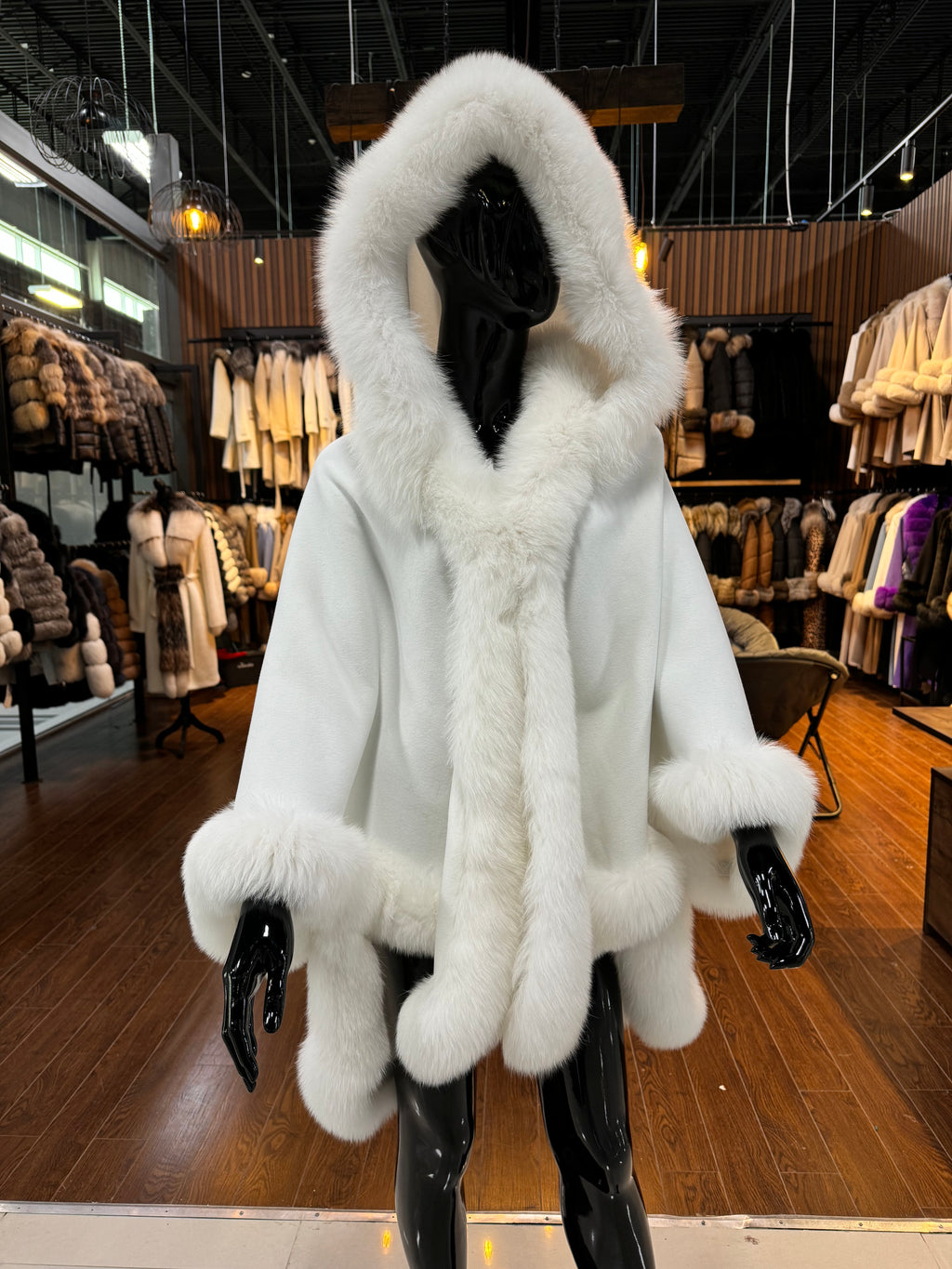 Hooded White Fox Fur Poncho – Luxury Women’s Winter Outerwear