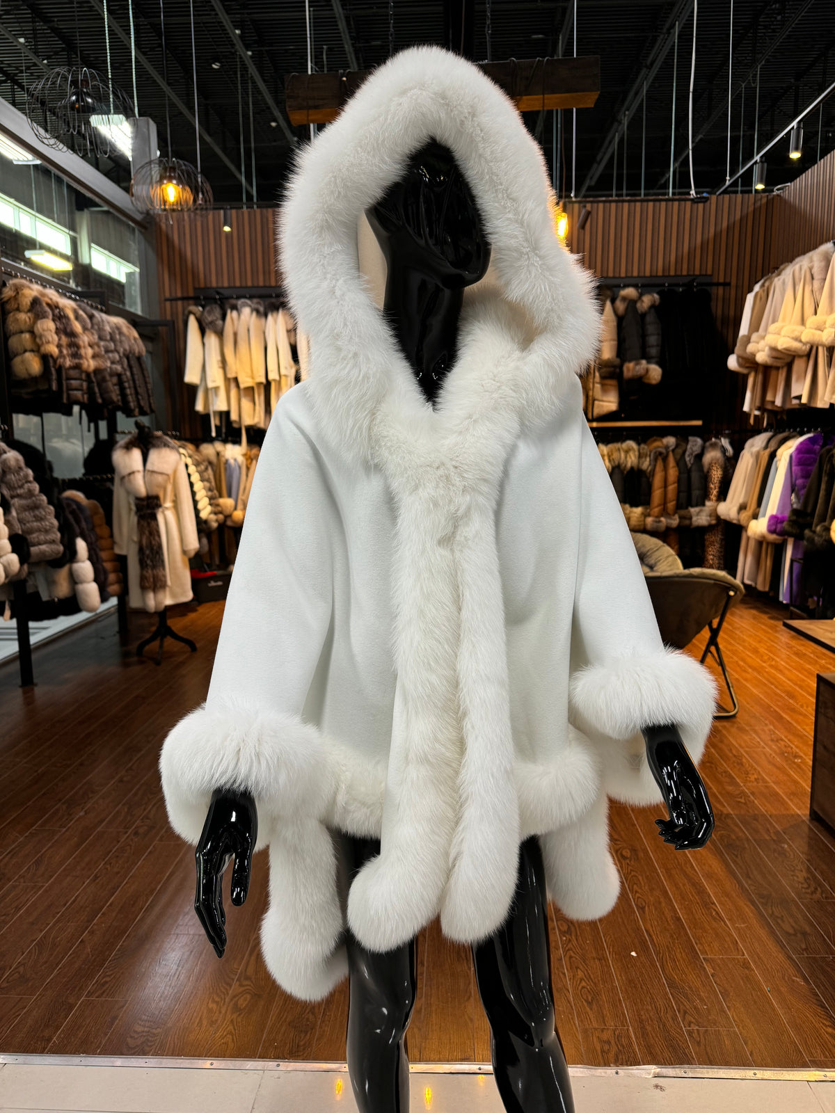 Hooded White Fox Fur Poncho – Luxury Women’s Winter Outerwear