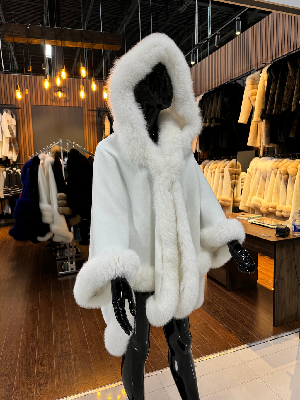 Hooded White Fox Fur Poncho – Luxury Women’s Winter Outerwear