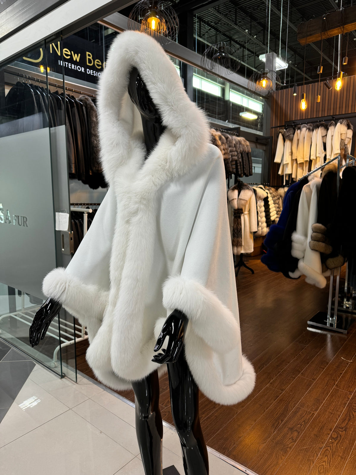 Hooded White Fox Fur Poncho – Luxury Women’s Winter Outerwear