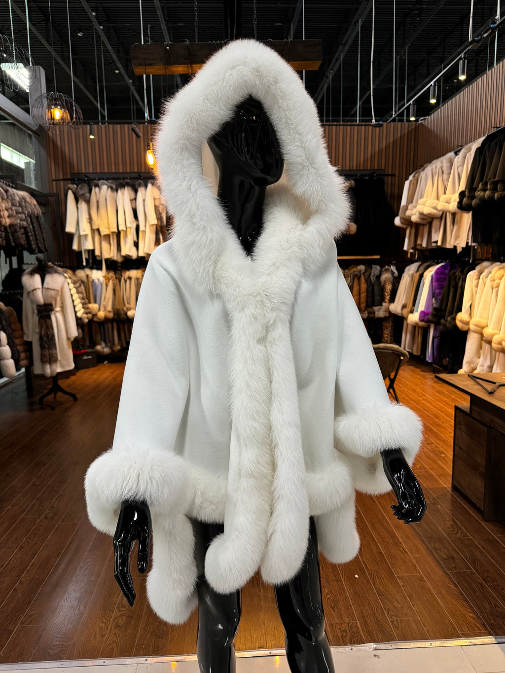 Hooded White Fox Fur Poncho – Luxury Women’s Winter Outerwear