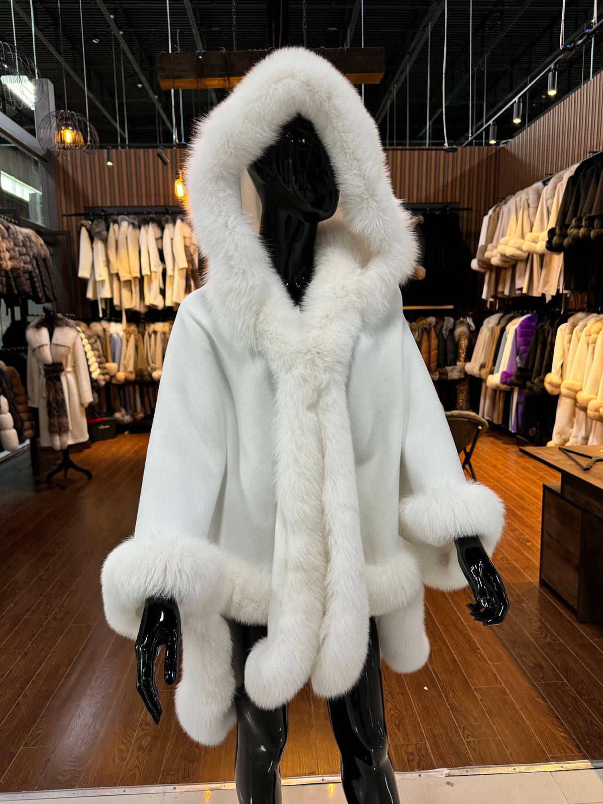 Hooded White Fox Fur Poncho – Luxury Women’s Winter Outerwear