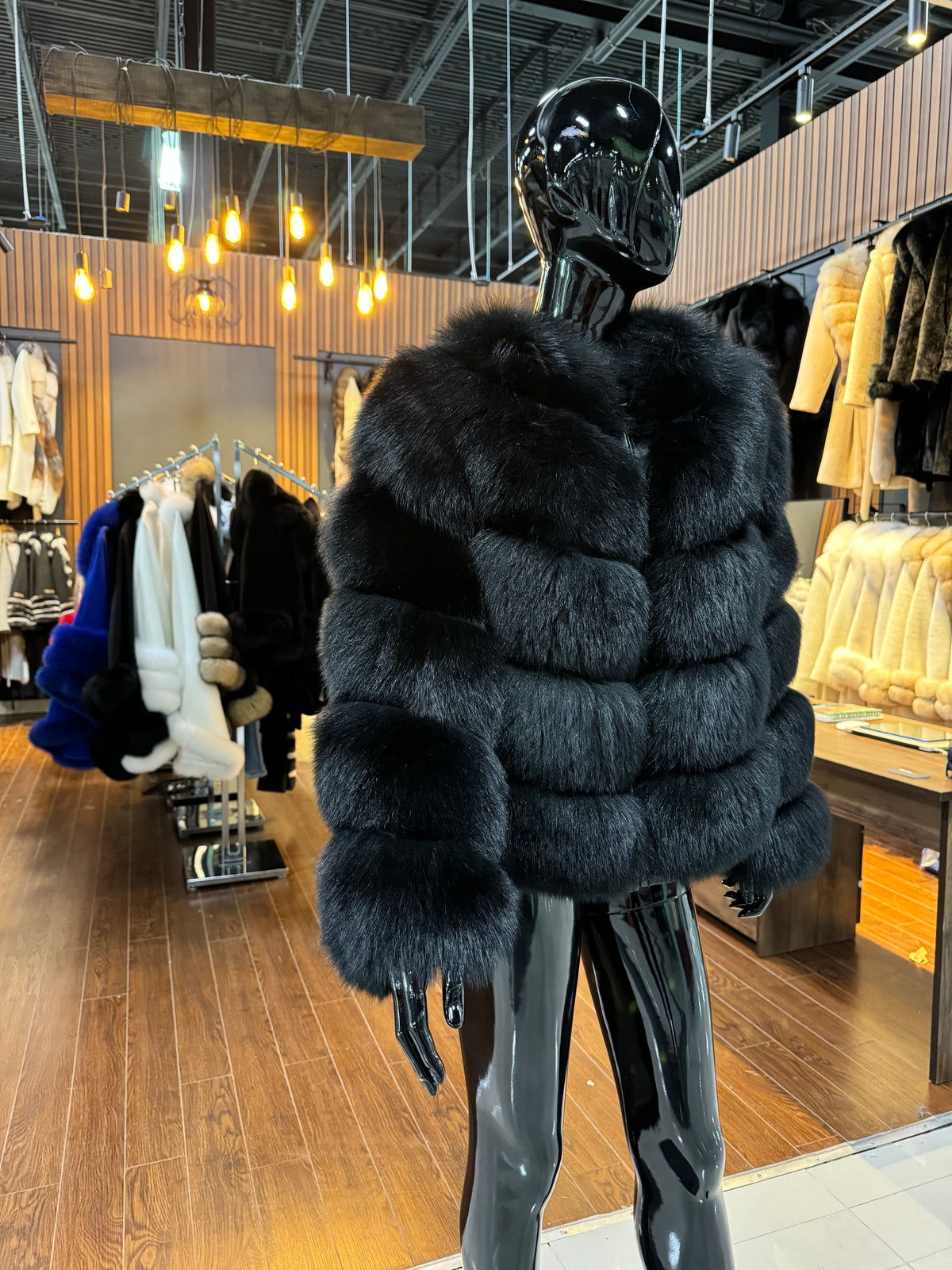 Black Fox Fur Jacket with Detachable Sleeves – Convertible Luxury Vest