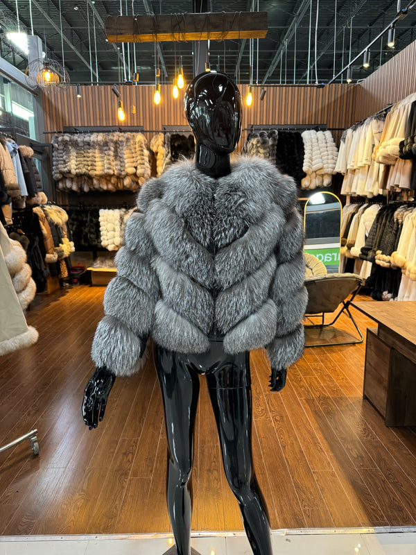Silver Real Fox Fur Coat with Detachable Sleeves – Luxury Convertible Vest