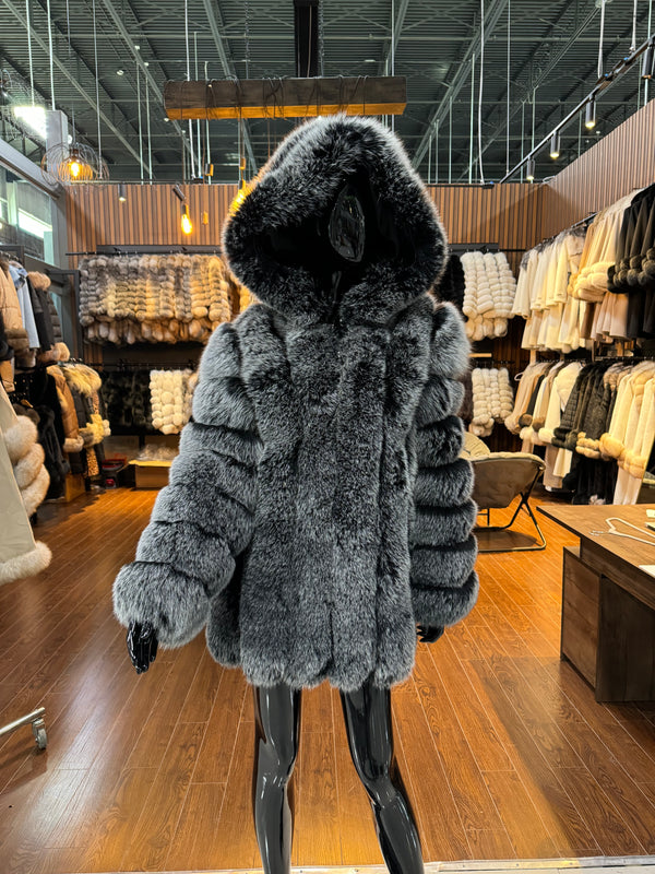 Hooded Gray Fox Fur Coat – Luxury Women’s Winter Overcoat