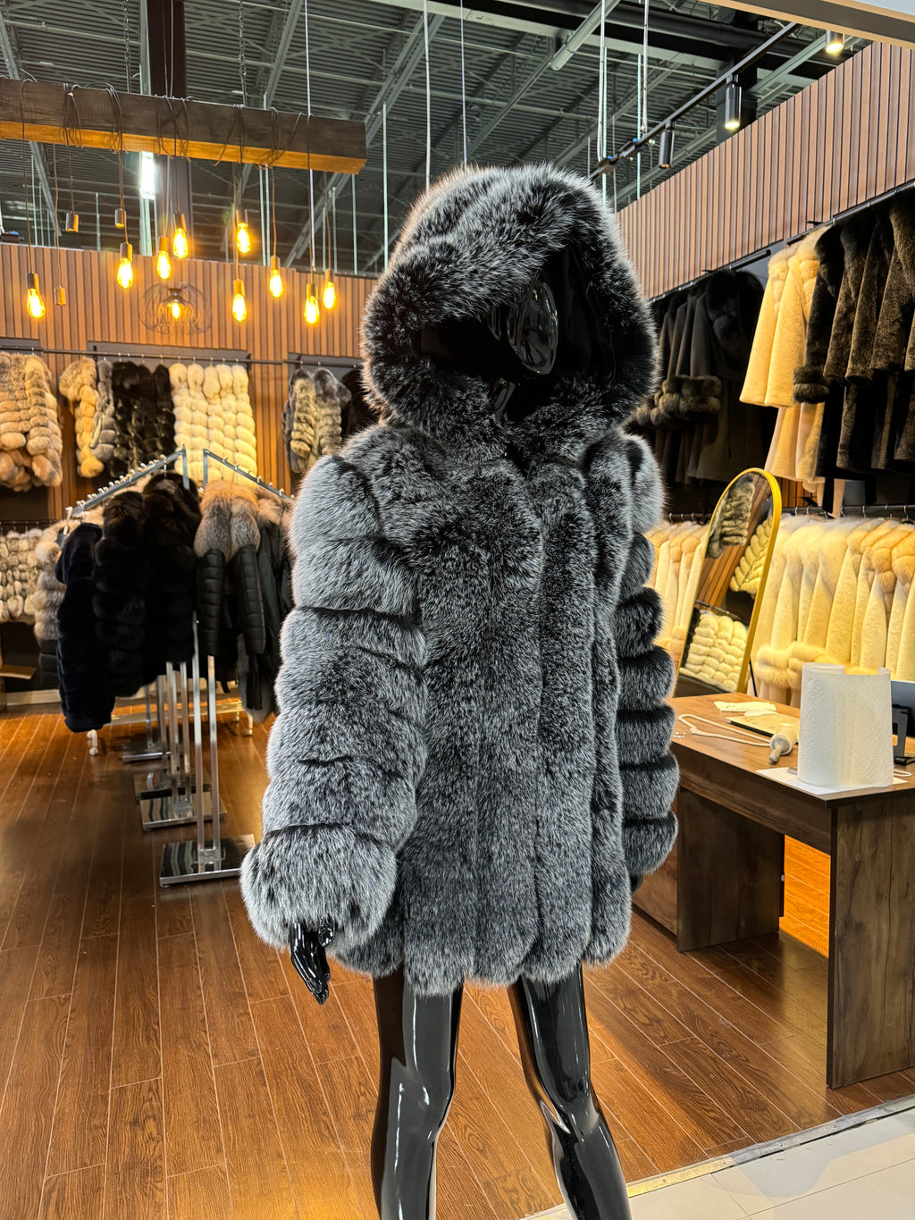Hooded Gray Fox Fur Coat – Luxury Women’s Winter Overcoat