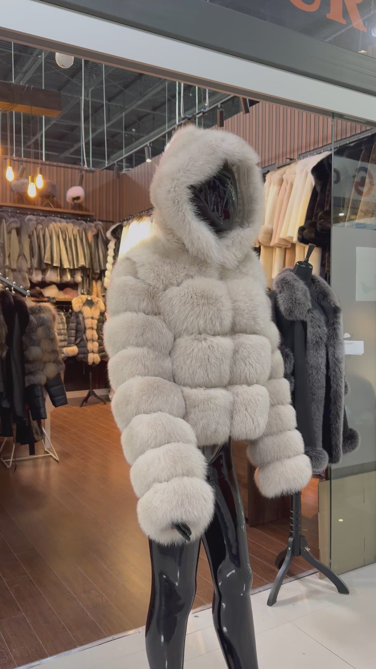 Hooded Beige Fox Fur Jacket