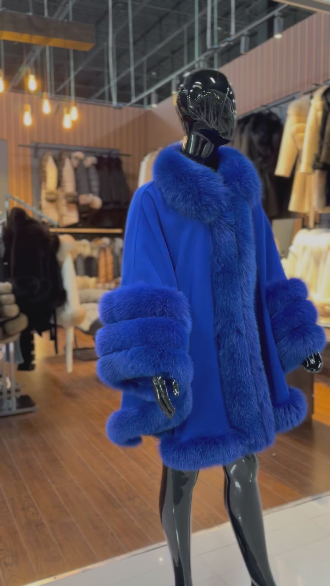 Blue Cashmere & Fox Fur Poncho – Luxury Women’s Winter Outerwear
