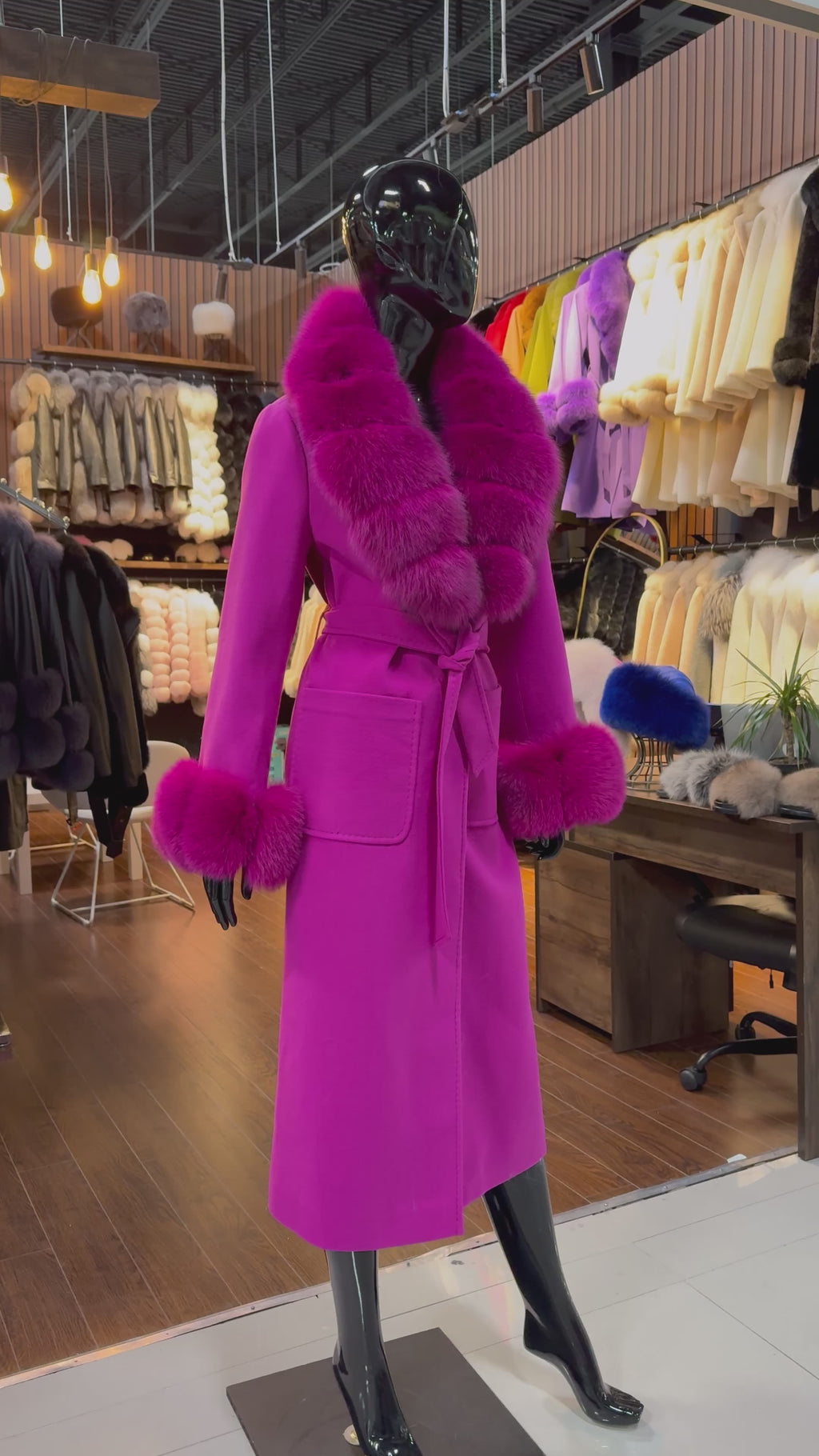 Pink Fox Fur & Cashmere Coat – Luxury Women’s Winter Overcoat